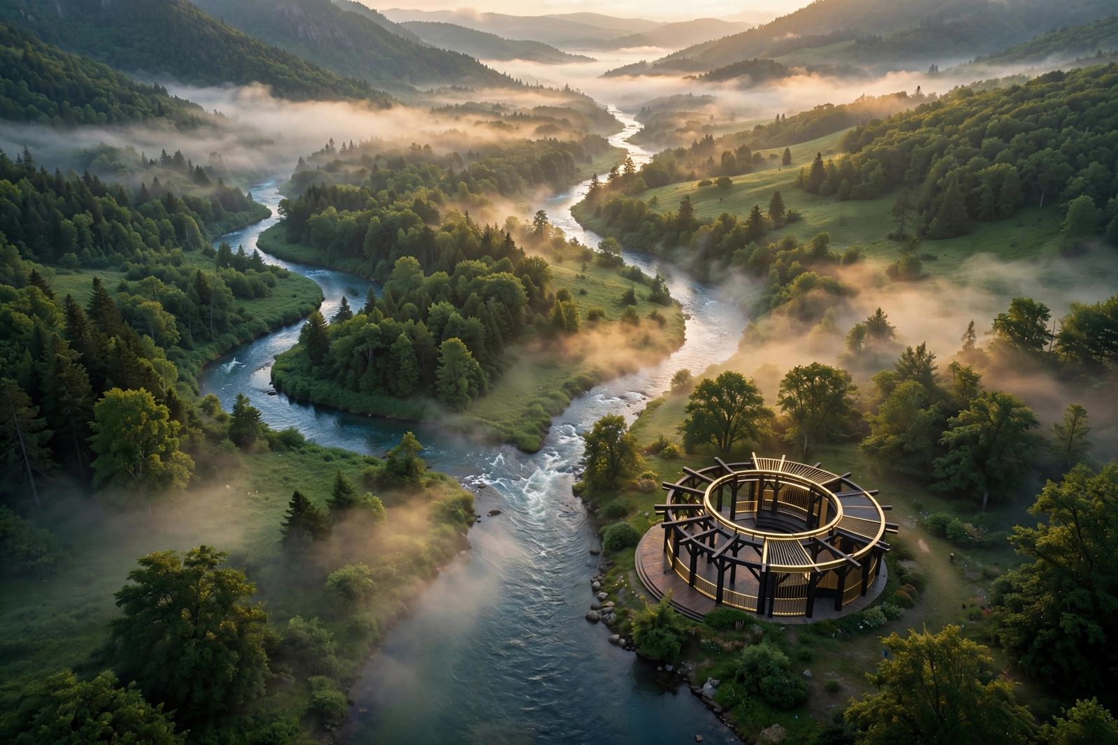 Three rivers and a council pavilion at dawn